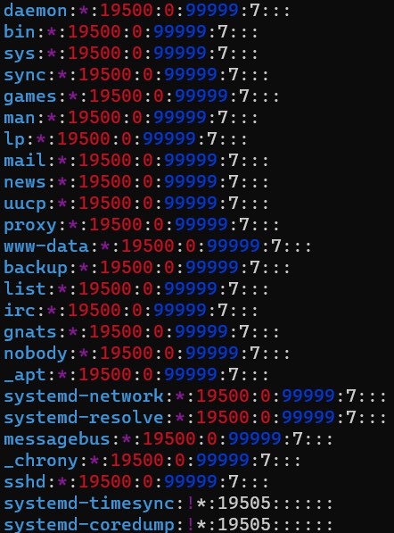 Screenshot of the /etc/shadow file from a debian VM